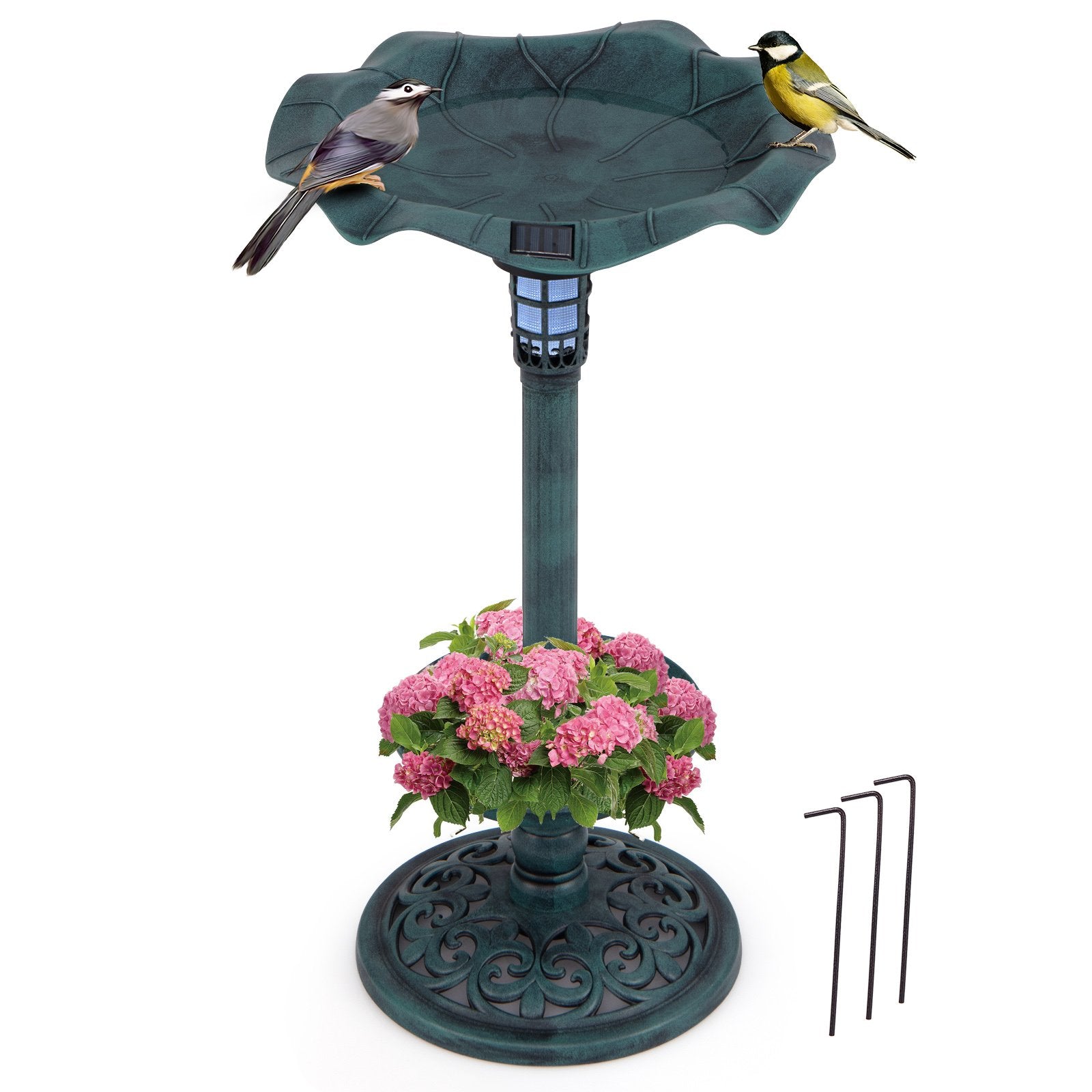 LIVSK Vogelbad met Solarverlichting - Multifunctioneel met LED-licht - Geribbelde schaal - Weerbestendig PP-materiaal - 43 x 43 x