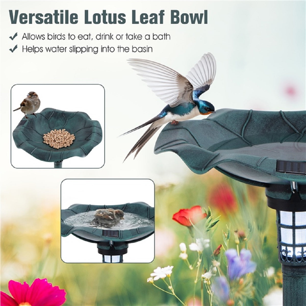 LIVSK Vogelbad met Solarverlichting - Multifunctioneel met LED-licht - Geribbelde schaal - Weerbestendig PP-materiaal - 43 x 43 x