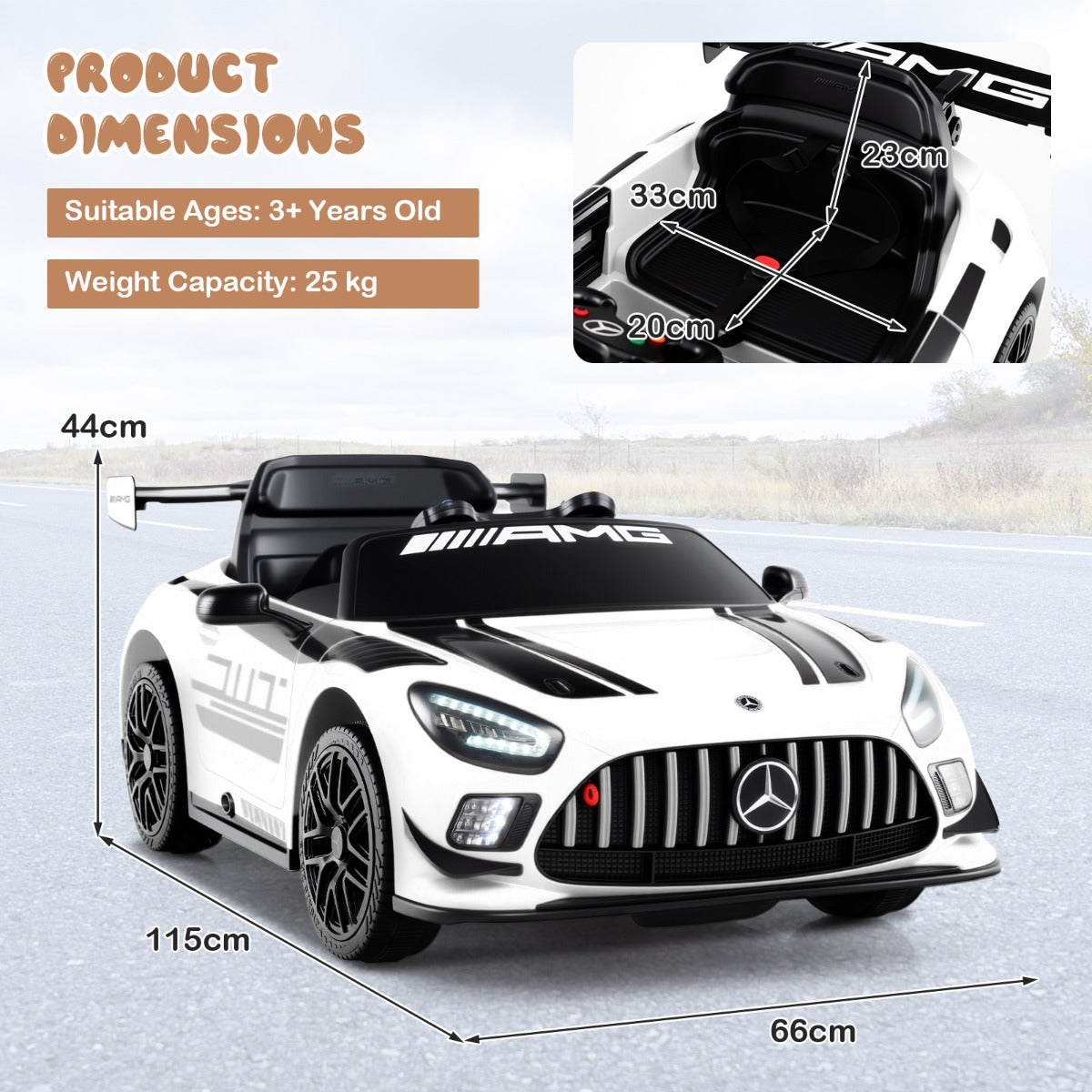 LIVSK Elektrische Kinderauto Mercedes-AMG GT3 - Afstandsbediening - 2 Besturingsmodi - Muziek - Voor Kinderen vanaf 3 jaar - Wit