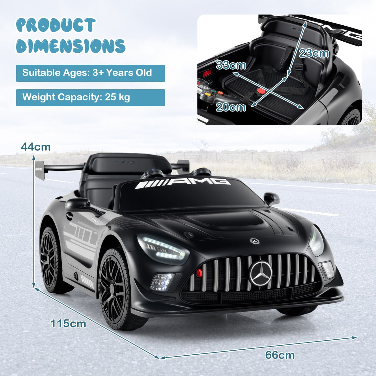 LIVSK Elektrische Kinderauto Mercedes-AMG GT3 - Afstandsbediening - 3 Snelheden - Veiligheidsgordel - Tot 25 kg - Zwart