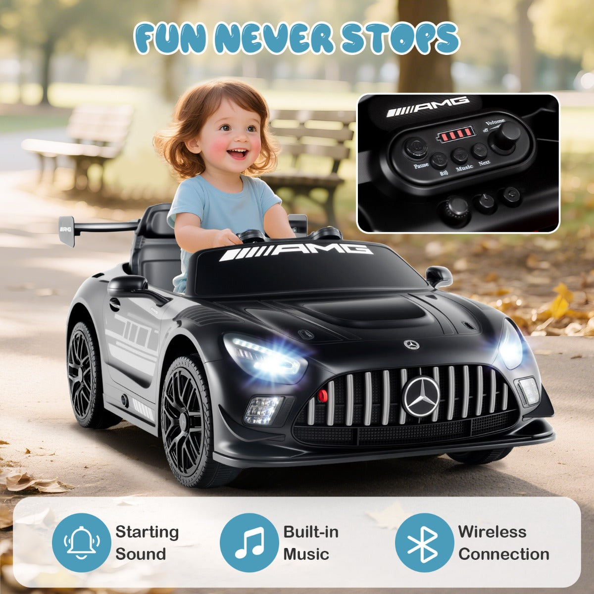 LIVSK Elektrische Kinderauto Mercedes-AMG GT3 - Afstandsbediening - 3 Snelheden - Veiligheidsgordel - Tot 25 kg - Zwart