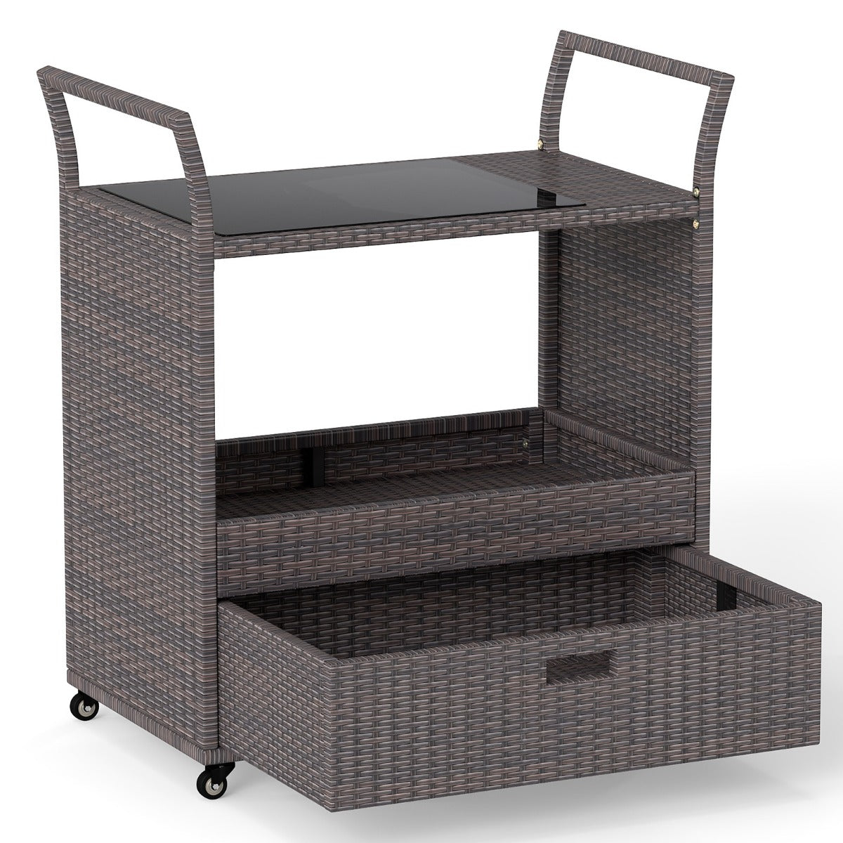 Livsk costway rieten barwagen voor buiten roltafel met plateau van gehard glas open plank en grote lade 1
