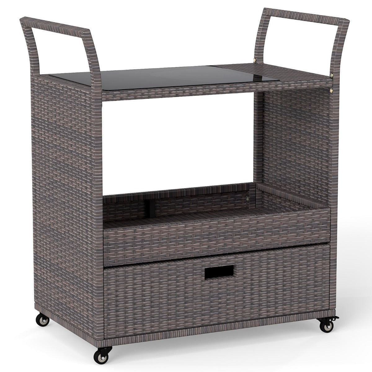 Livsk costway rieten barwagen voor buiten roltafel met plateau van gehard glas open plank en grote lade