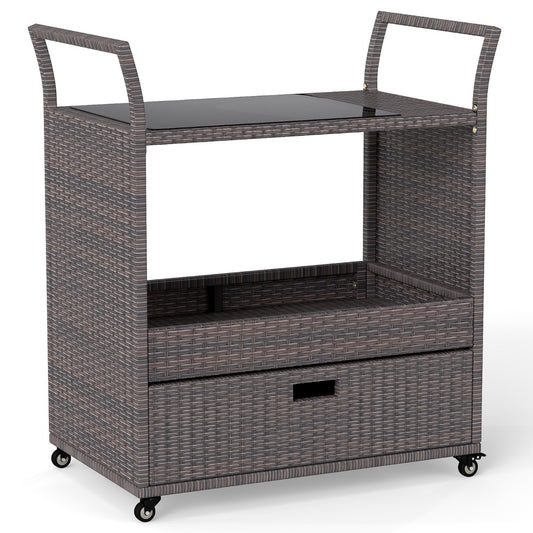 Livsk costway rieten barwagen voor buiten roltafel met plateau van gehard glas open plank en grote lade