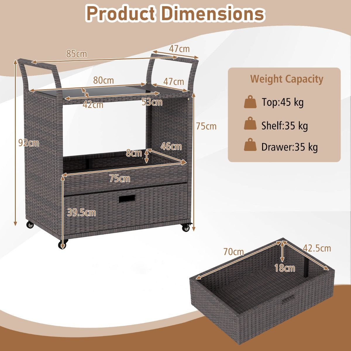 Livsk costway rieten barwagen voor buiten roltafel met plateau van gehard glas open plank en grote lade