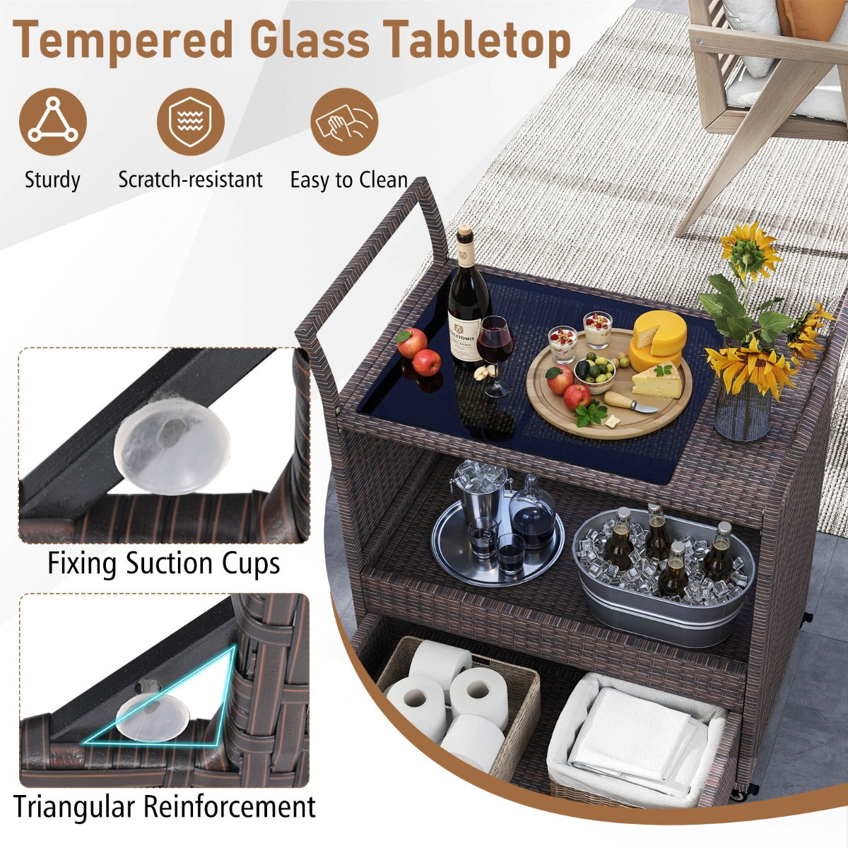 Livsk costway rieten barwagen voor buiten roltafel met plateau van gehard glas open plank en grote lade