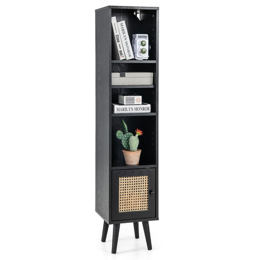 LIVSK Hoge Kast - Boho Ontwerp met Rieten Deur - 3 Open Vakken - Verstelbare Plank - Stevige Constructie - Zwart