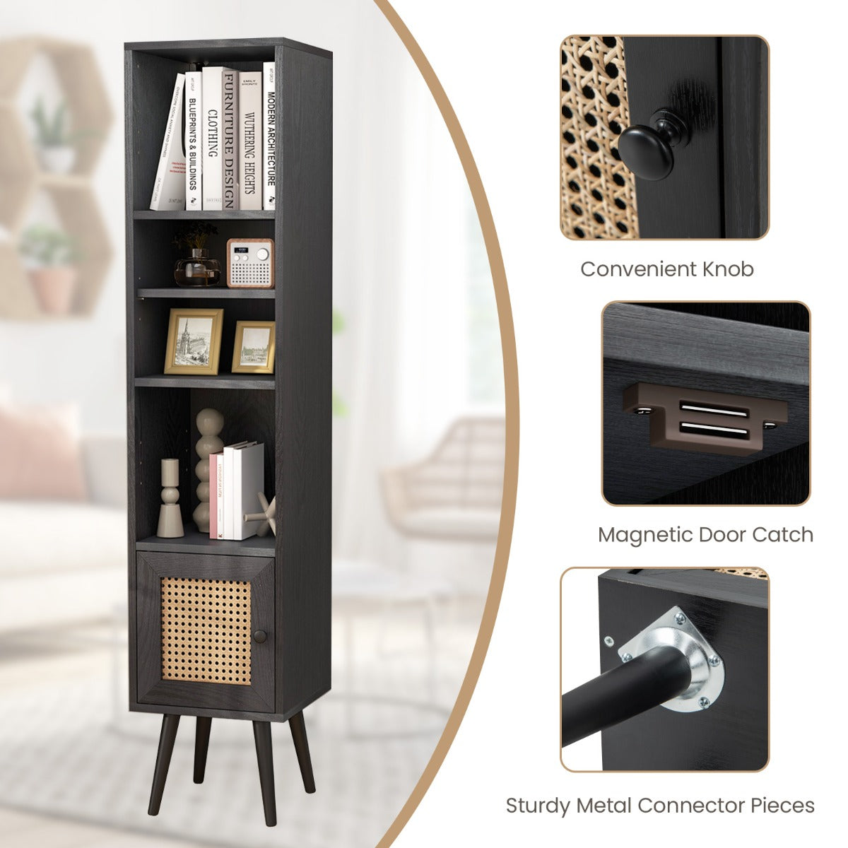 LIVSK Hoge Kast - Boho Ontwerp met Rieten Deur - 3 Open Vakken - Verstelbare Plank - Stevige Constructie - Zwart