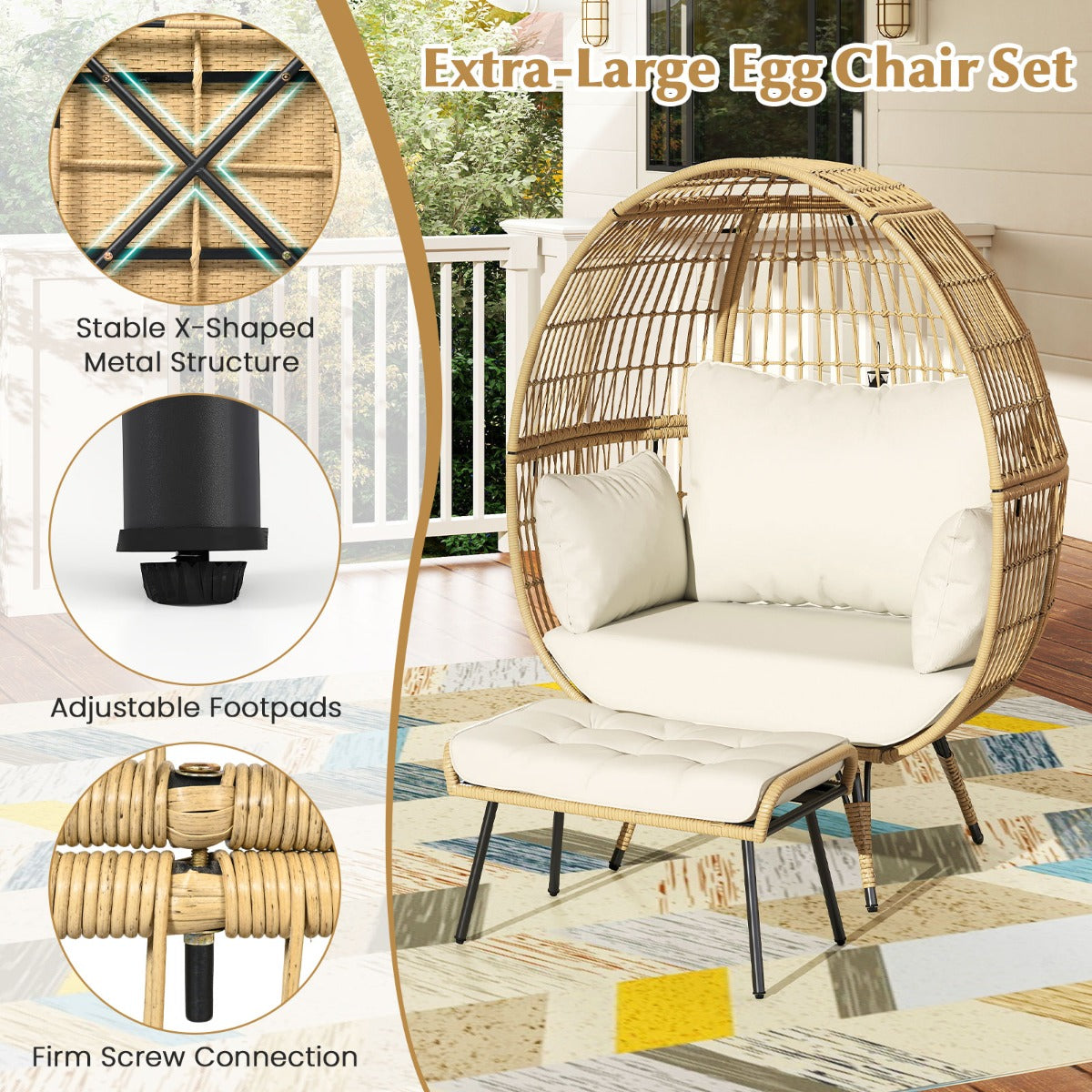 LIVSK Loungefauteuil en Ottoman Set - Extra Groot - Robuuste X-vormige Structuur - Voor Binnen en Buiten - Lichtbruin