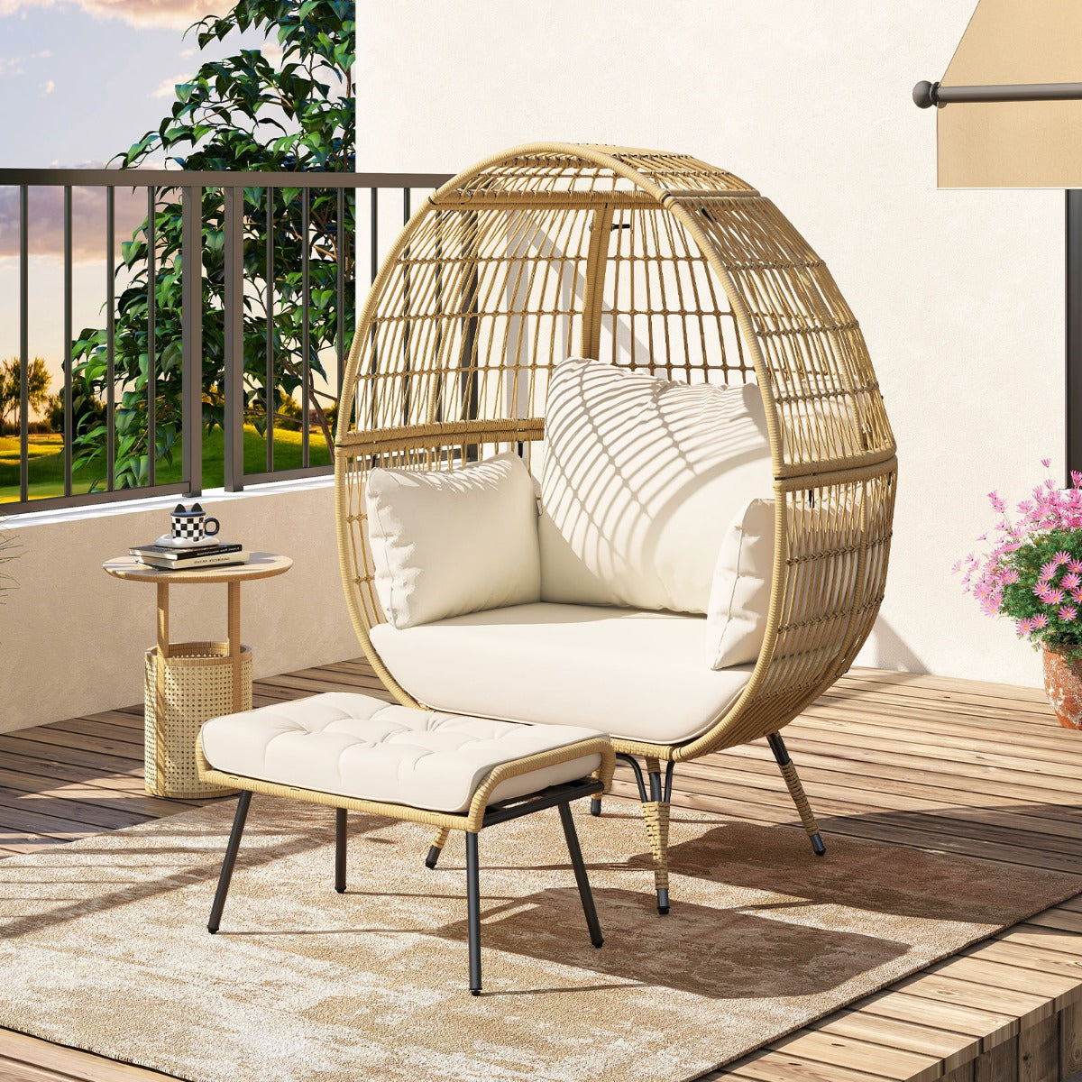 LIVSK Loungefauteuil en Ottoman Set - Extra Groot - Robuuste X-vormige Structuur - Voor Binnen en Buiten - Lichtbruin