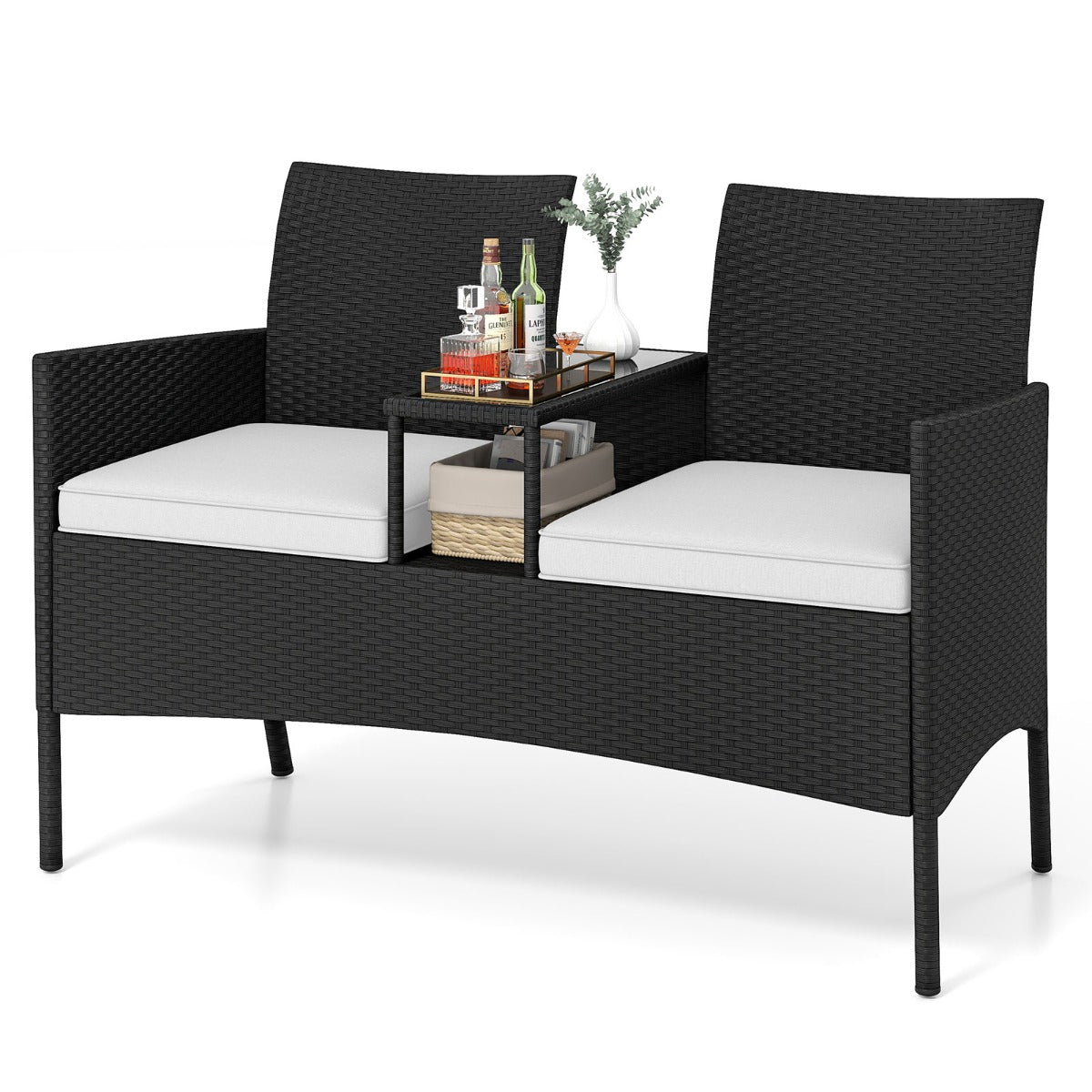 LIVSK Ergonomische Patioset met Geïntegreerde Salontafel - Duurzaam PE-Rotin - Zachte Kussens - Voor Terras en Tuin - Zwart/Wit