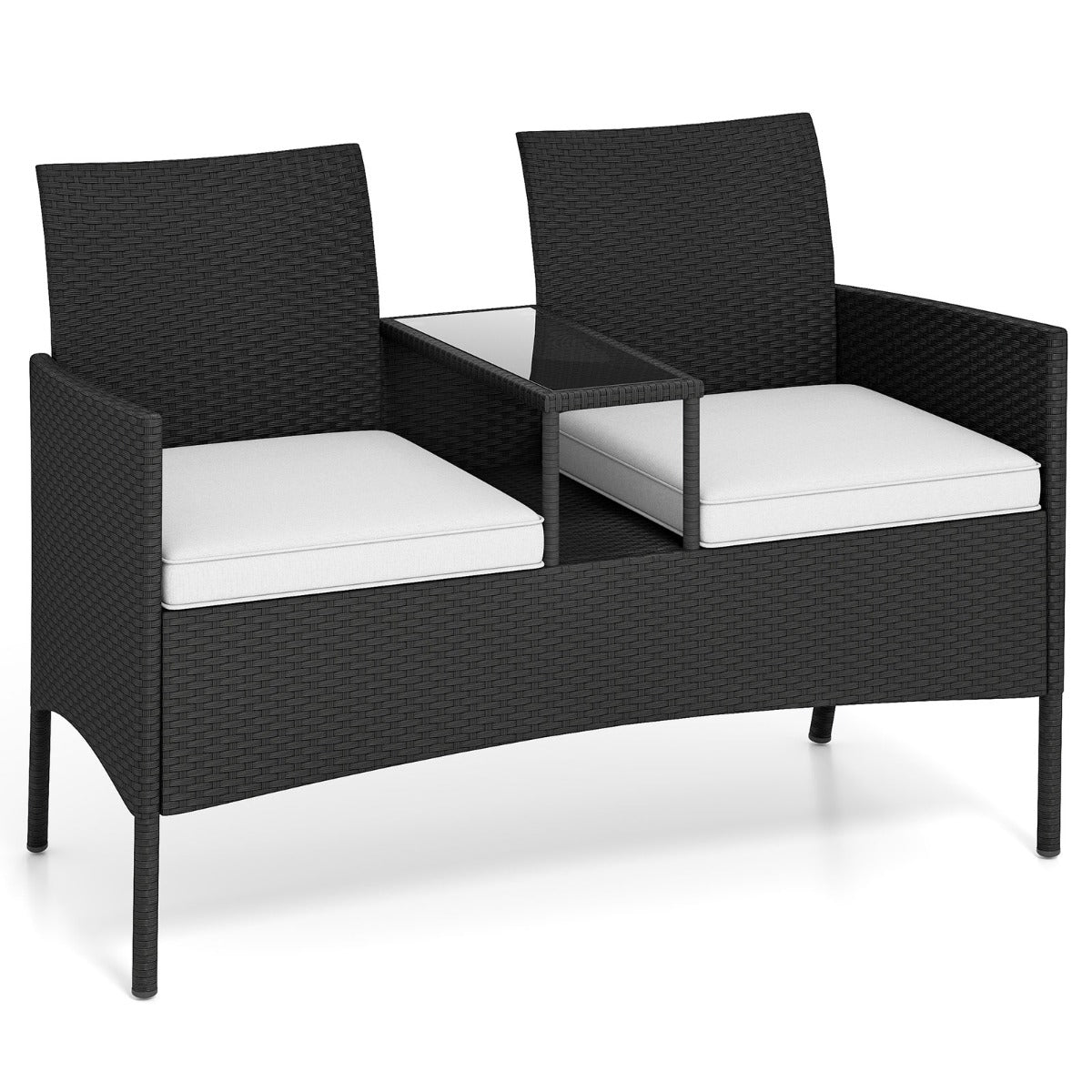 LIVSK Ergonomische Patioset met Geïntegreerde Salontafel - Duurzaam PE-Rotin - Zachte Kussens - Voor Terras en Tuin - Zwart/Wit