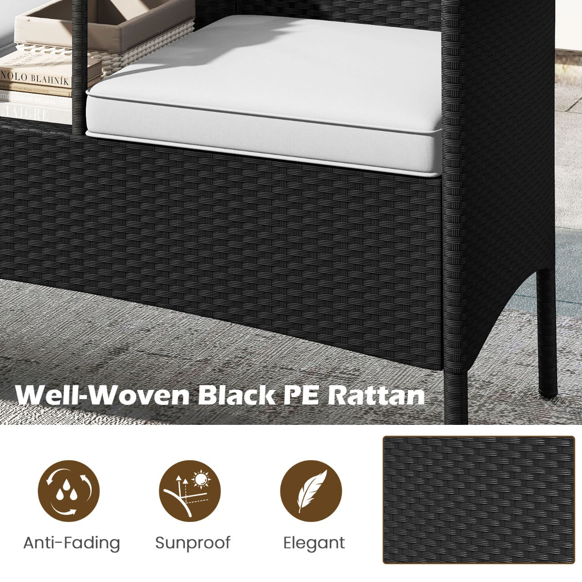 LIVSK Ergonomische Patioset met Geïntegreerde Salontafel - Duurzaam PE-Rotin - Zachte Kussens - Voor Terras en Tuin - Zwart/Wit