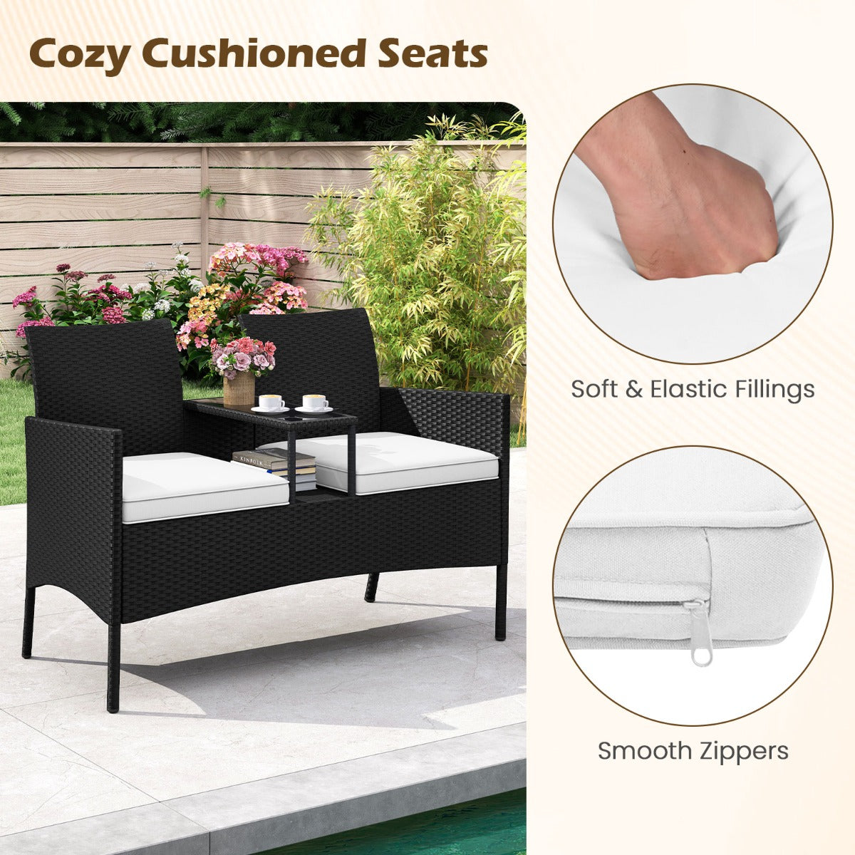 LIVSK Ergonomische Patioset met Geïntegreerde Salontafel - Duurzaam PE-Rotin - Zachte Kussens - Voor Terras en Tuin - Zwart/Wit