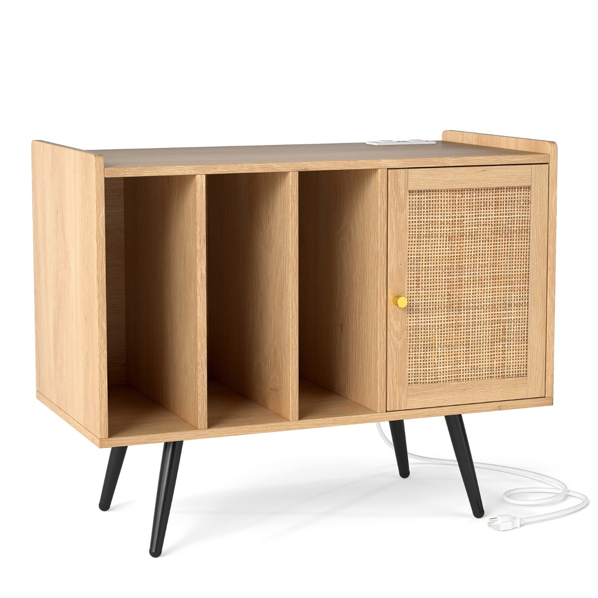 LIVSK Platenspelerstandaard met Oplaadstation - Ruimte voor 220 Platen - Natuurlijke Rotanlook - Kabelmanagement - 80 x 40 x 65