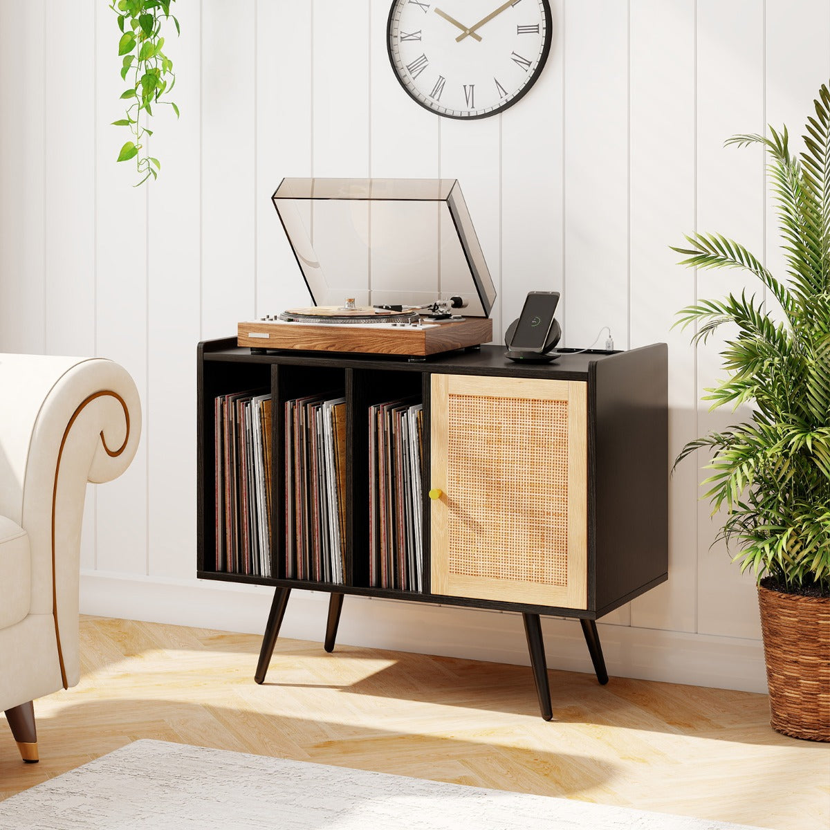 LIVSK Draaitafelstandaard met Oplaadstation - Vinylopslag voor 220 Platen - Kabelmanagement - Stabiel Design - 80 x 40 x 65 cm -