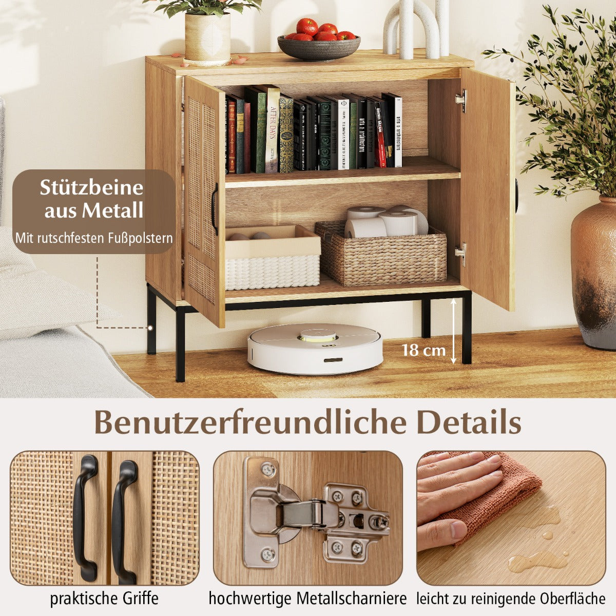 LIVSK Buffetkast met Rattan Deuren - 3-voudig Verstelbaar Rek - Robuuste Constructie - Tot 113 kg - Boho Stijl - Natuurlijk