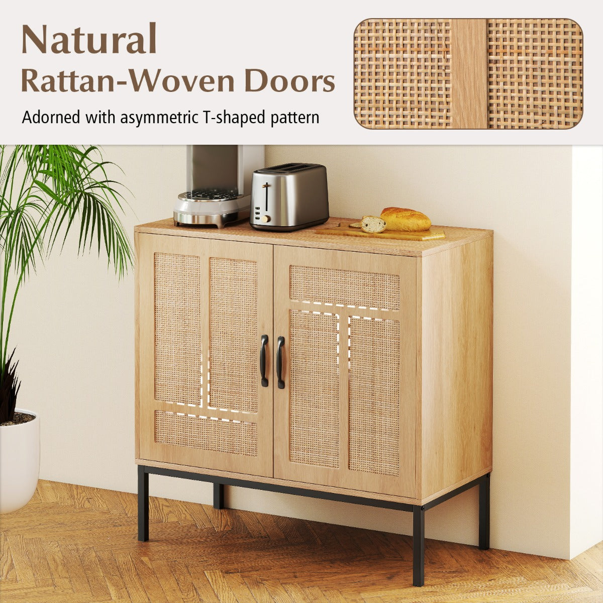 LIVSK Buffetkast met Rattan Deuren - 3-voudig Verstelbaar Rek - Robuuste Constructie - Tot 113 kg - Boho Stijl - Natuurlijk