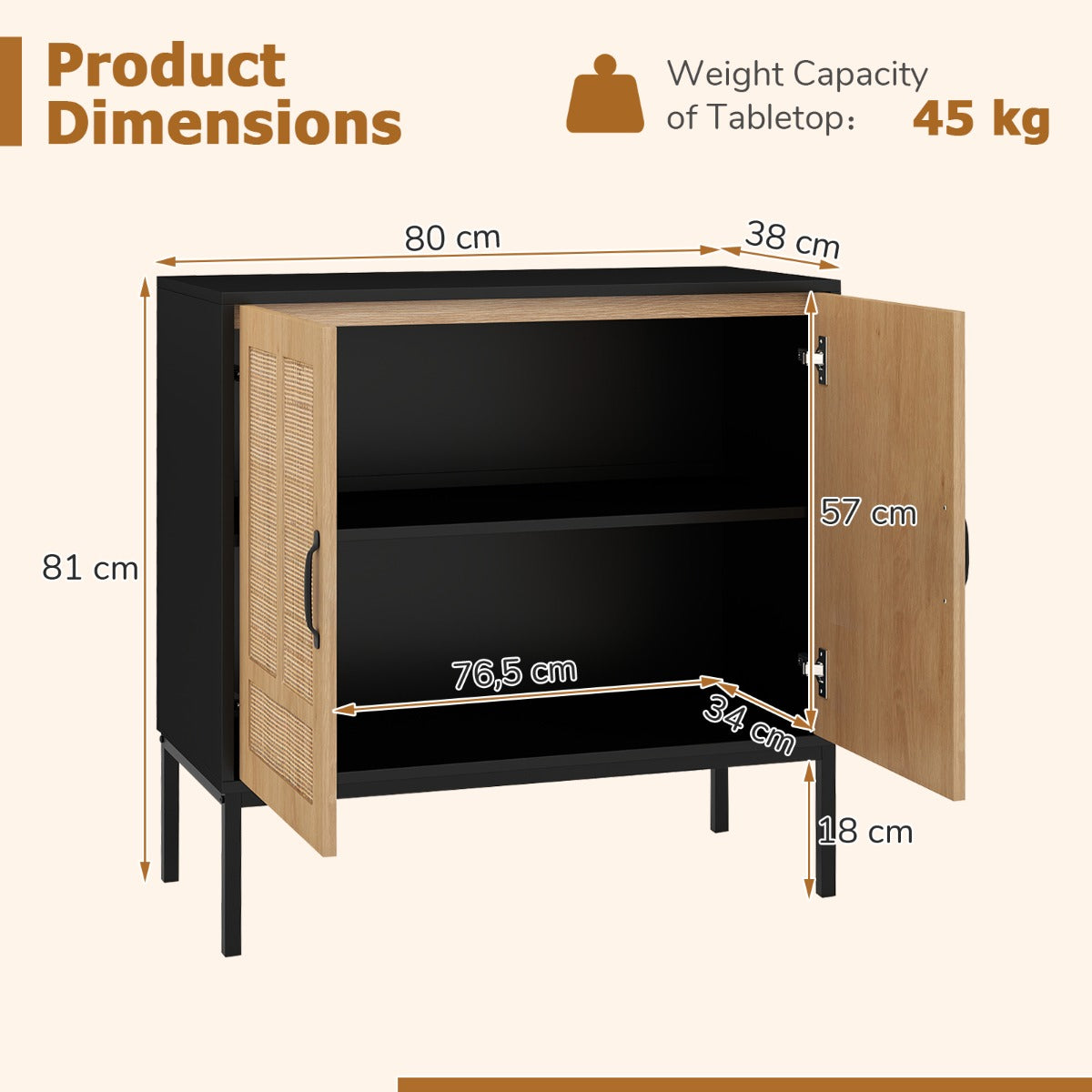 LIVSK Buffetkast met Rattan Deuren - Verstelbaar Rek - Robuuste Constructie - Inclusief Kantelbeveiliging - 80 x 38 x 81 cm -