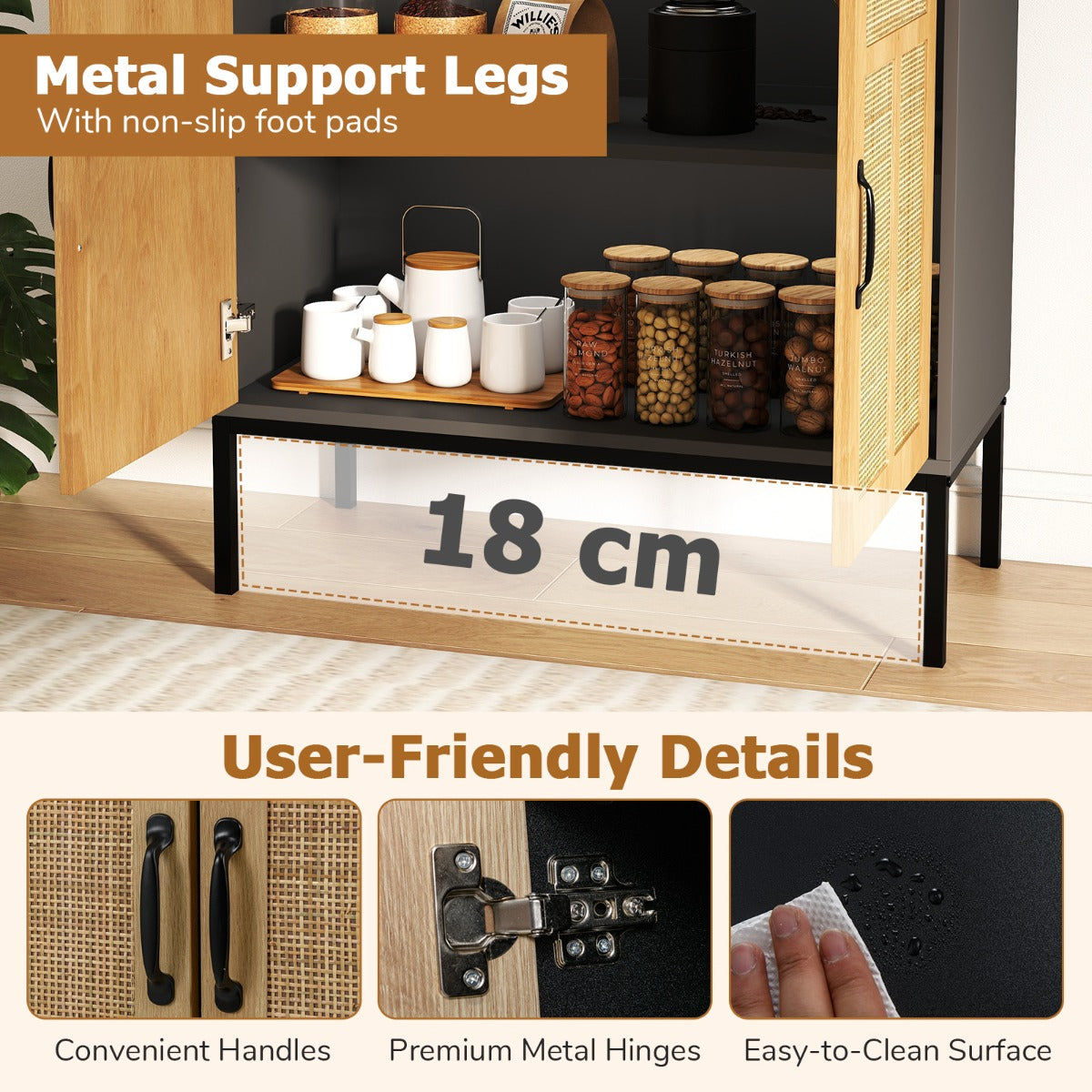 LIVSK Buffetkast met Rattan Deuren - Verstelbaar Rek - Robuuste Constructie - Inclusief Kantelbeveiliging - 80 x 38 x 81 cm -