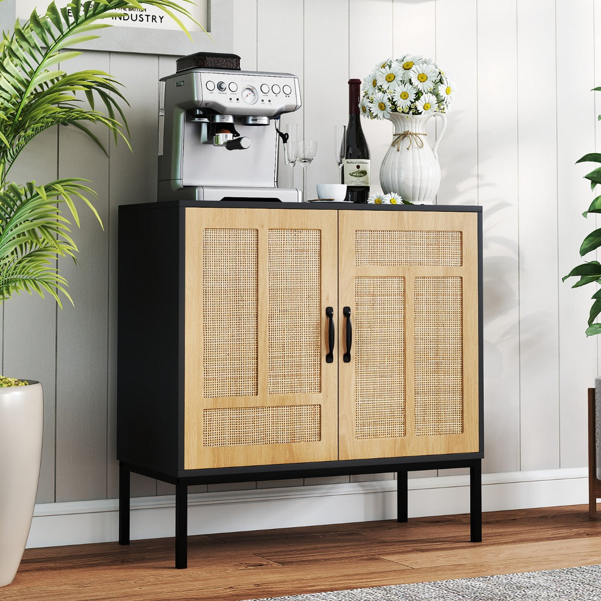 LIVSK Buffetkast met Rattan Deuren - Verstelbaar Rek - Robuuste Constructie - Inclusief Kantelbeveiliging - 80 x 38 x 81 cm -