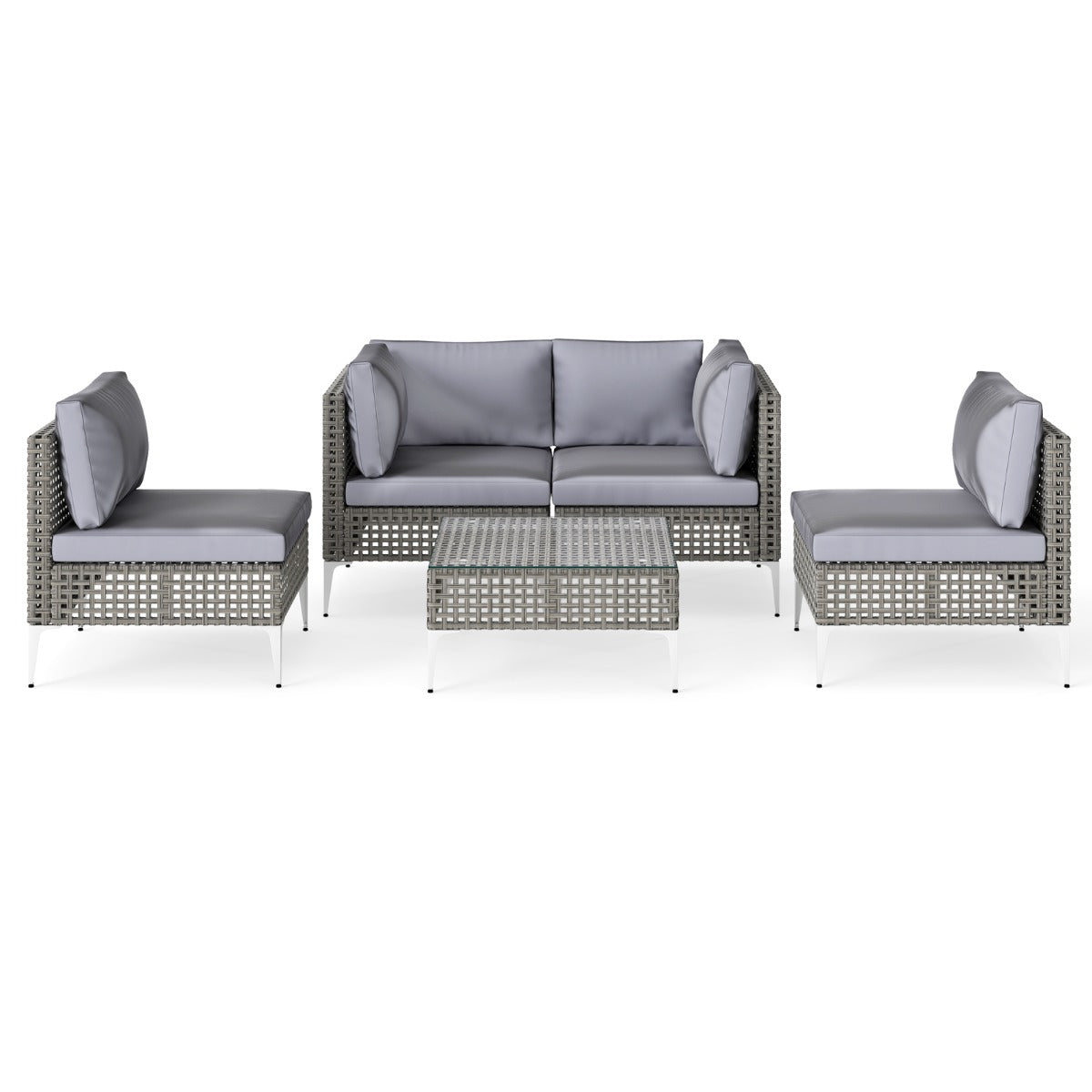 LIVSK 5-delige Tuinbankset - PE Rattan - Comfortabele Kussens - Stijlvolle Salontafel - Draagcapaciteit tot 180 kg - Gemengd Grijs