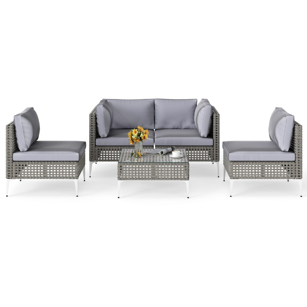 LIVSK 5-delige Tuinbankset - PE Rattan - Comfortabele Kussens - Stijlvolle Salontafel - Draagcapaciteit tot 180 kg - Gemengd Grijs