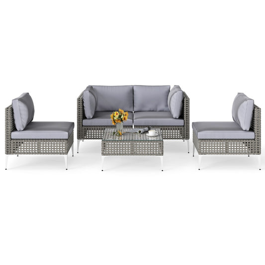 LIVSK 5-delige Tuinbankset - PE Rattan - Comfortabele Kussens - Stijlvolle Salontafel - Draagcapaciteit tot 180 kg - Gemengd Grijs