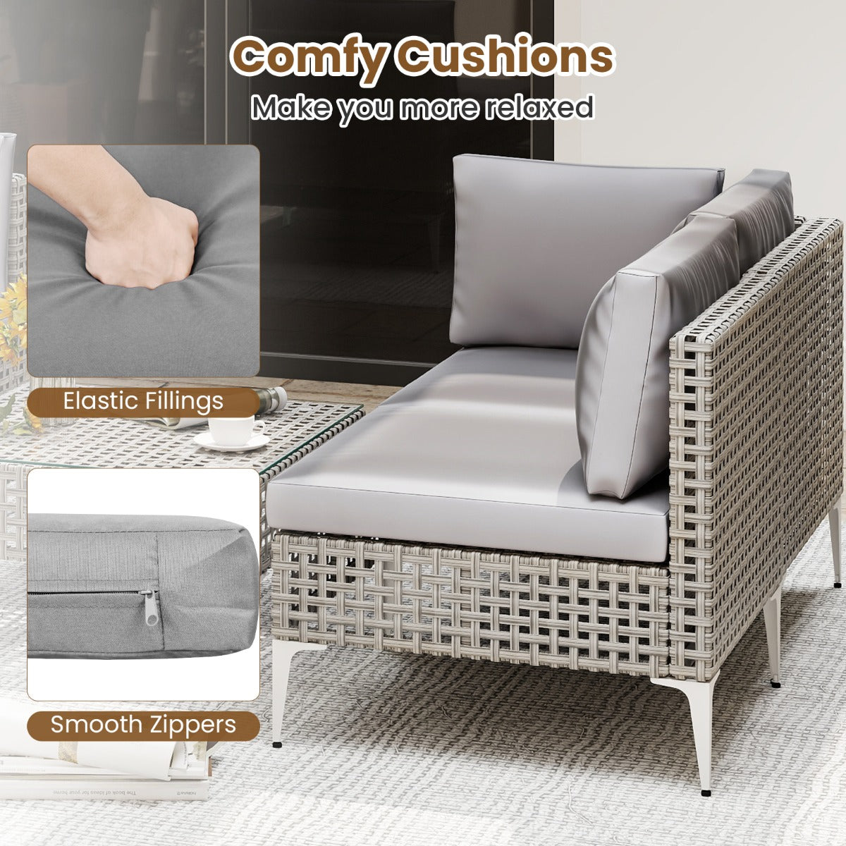 LIVSK 5-delige Tuinbankset - PE Rattan - Comfortabele Kussens - Stijlvolle Salontafel - Draagcapaciteit tot 180 kg - Gemengd Grijs