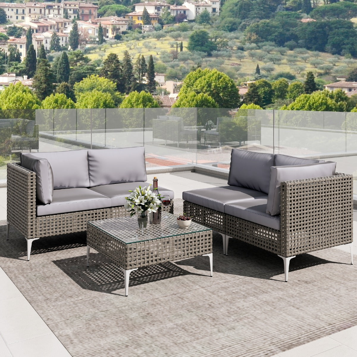 LIVSK 5-delige Tuinbankset - PE Rattan - Comfortabele Kussens - Stijlvolle Salontafel - Draagcapaciteit tot 180 kg - Gemengd Grijs