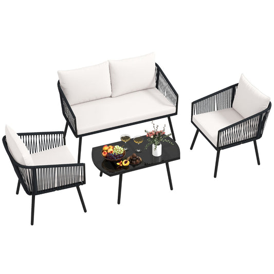 LIVSK Loungeset - Robuuste Metalen Constructie - Handgeweven PE-Touw - Inclusief Zachte Kussens - Voor 180 kg per Stoel - Zwart