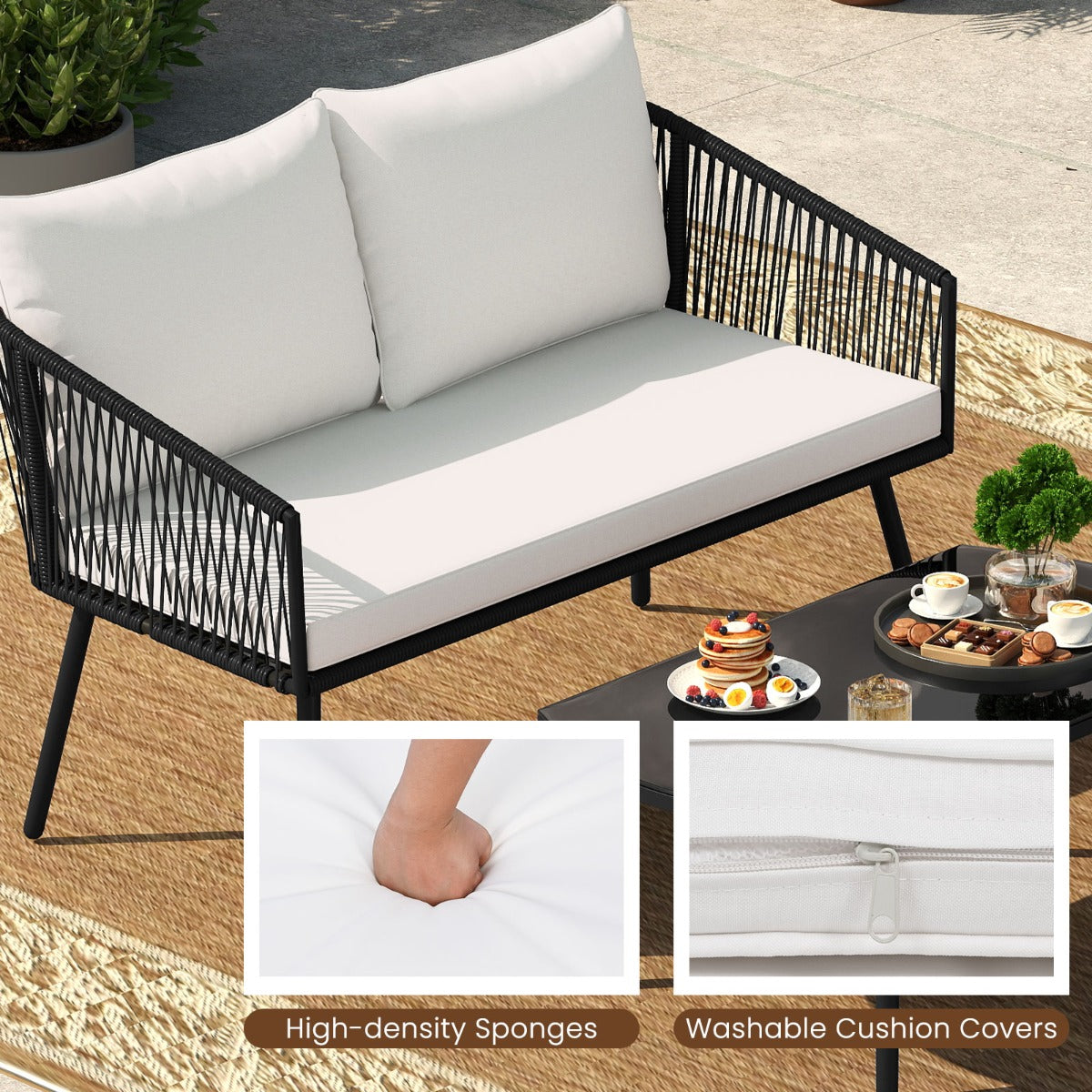 LIVSK Loungeset - Robuuste Metalen Constructie - Handgeweven PE-Touw - Inclusief Zachte Kussens - Voor 180 kg per Stoel - Zwart