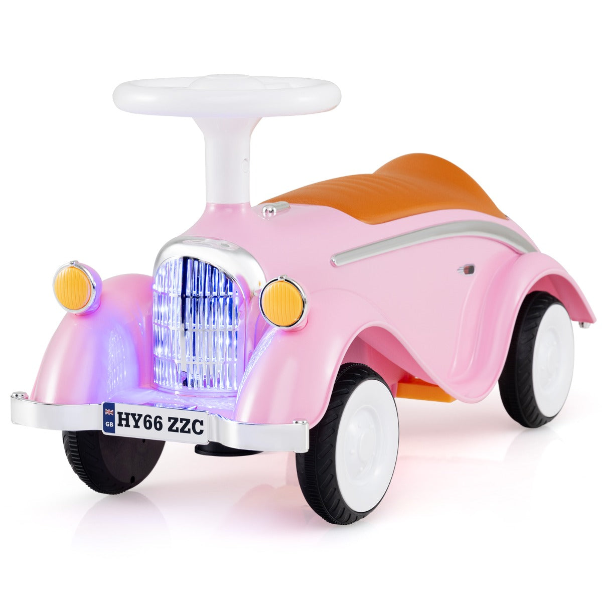 Livsk costway rijdauto klassiek voet naar grond rijdend voertuig met stuur toeter led koplampen roze 2