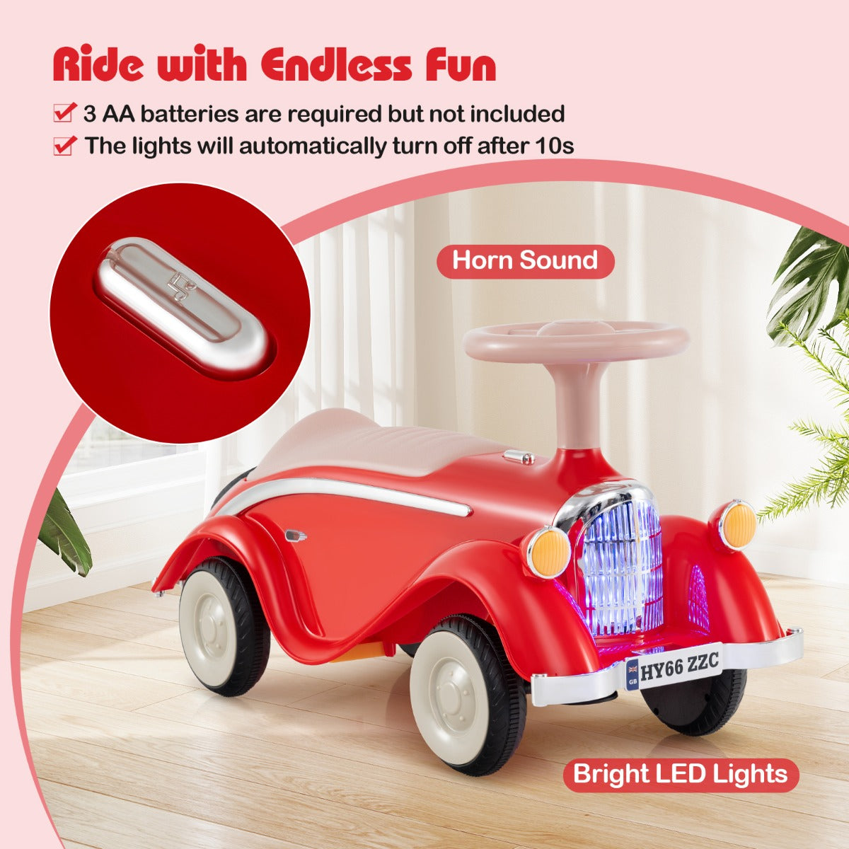 LIVSK Peuter Glijauto - Ergonomisch en Kantelbestendig - LED-lampen en Toeter - Opbergruimte - Tot 15 kg - Rood