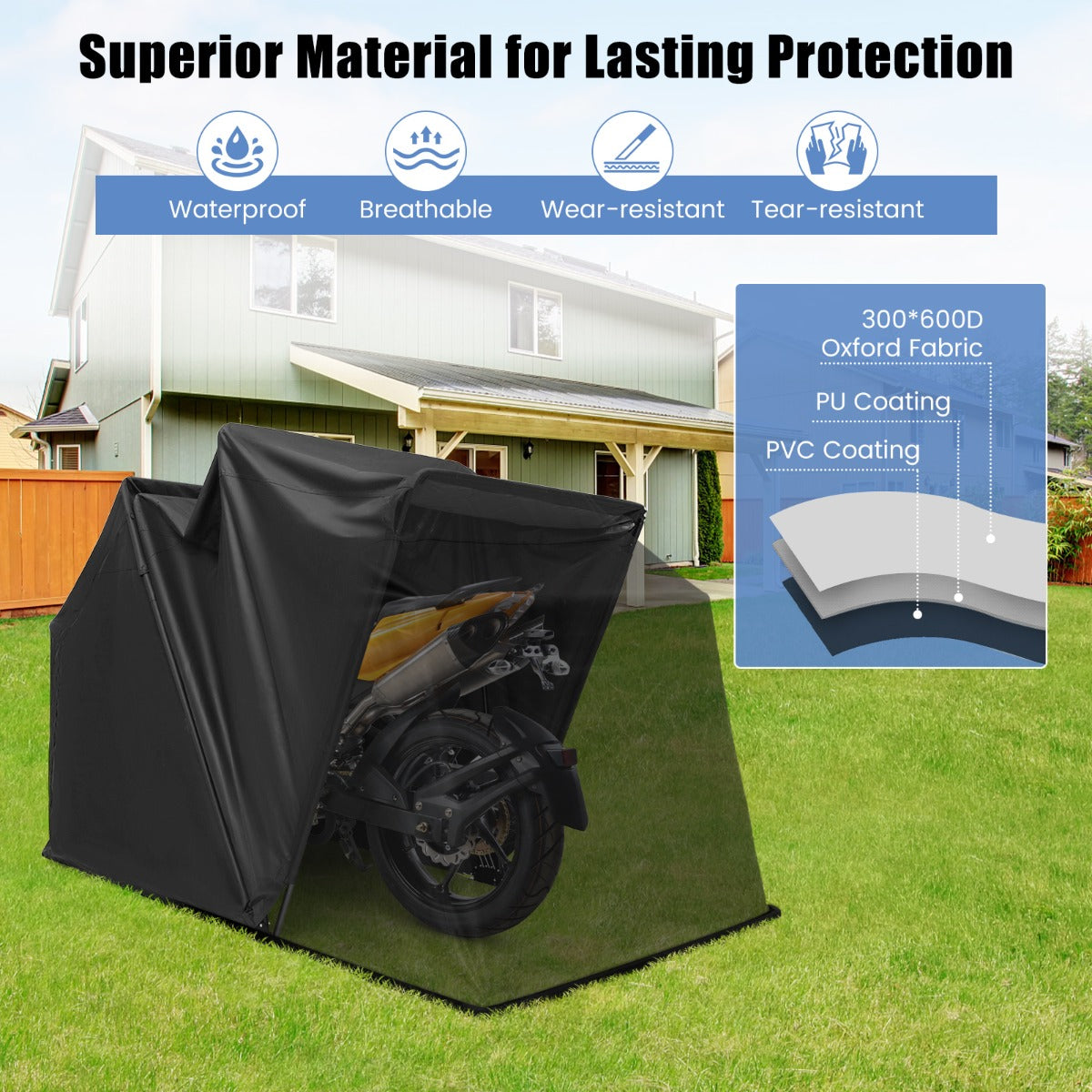 LIVSK Motoroverkapping - Waterdicht 600D Oxford - Robuust Metaal - Ventilatie met Gaasramen - 345 x 137 x 190 cm - Zwart