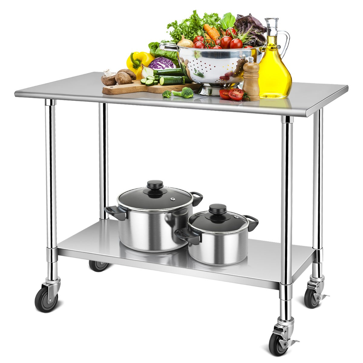 LIVSK Roestvrijstalen Werktafel - Verstelbare Onderplank - Mobiel met Wielen - Commerciële Kwaliteit - 122 x 61 x 90 cm - Zilver