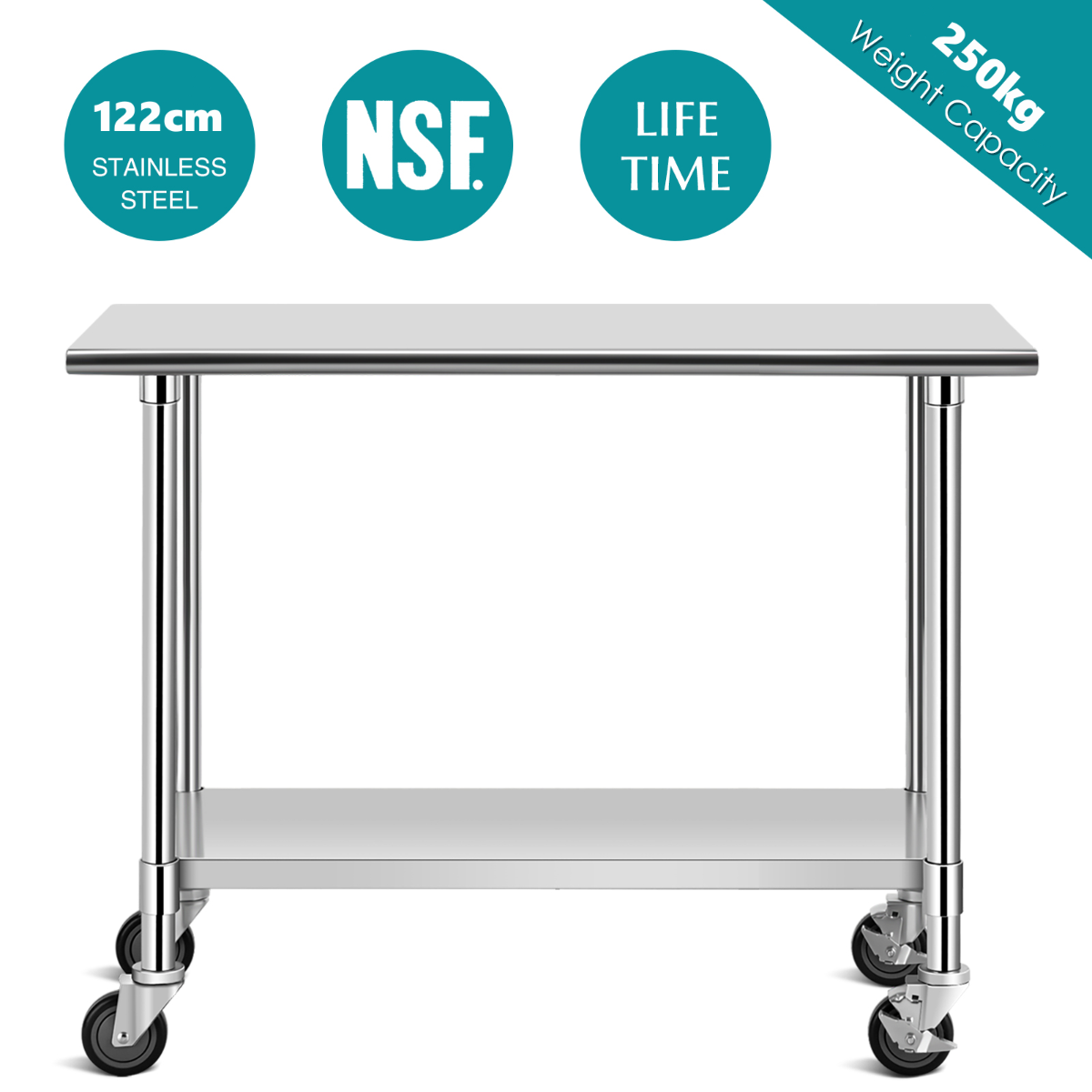 LIVSK Roestvrijstalen Werktafel - Verstelbare Onderplank - Mobiel met Wielen - Commerciële Kwaliteit - 122 x 61 x 90 cm - Zilver
