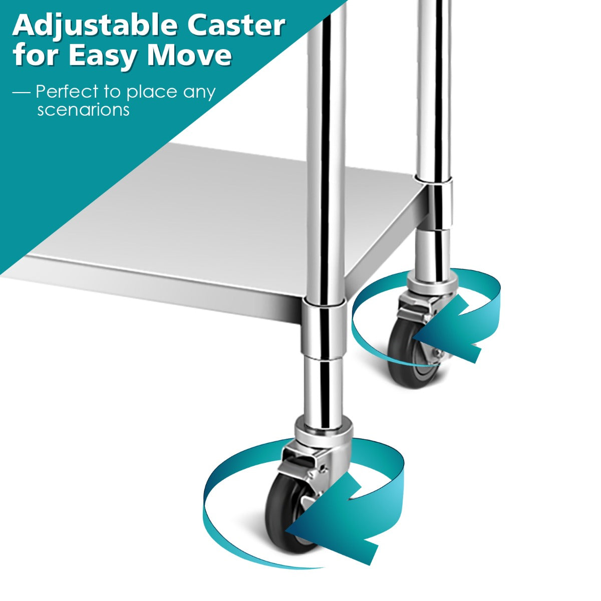 LIVSK Roestvrijstalen Werktafel - Verstelbare Onderplank - Mobiel met Wielen - Commerciële Kwaliteit - 122 x 61 x 90 cm - Zilver