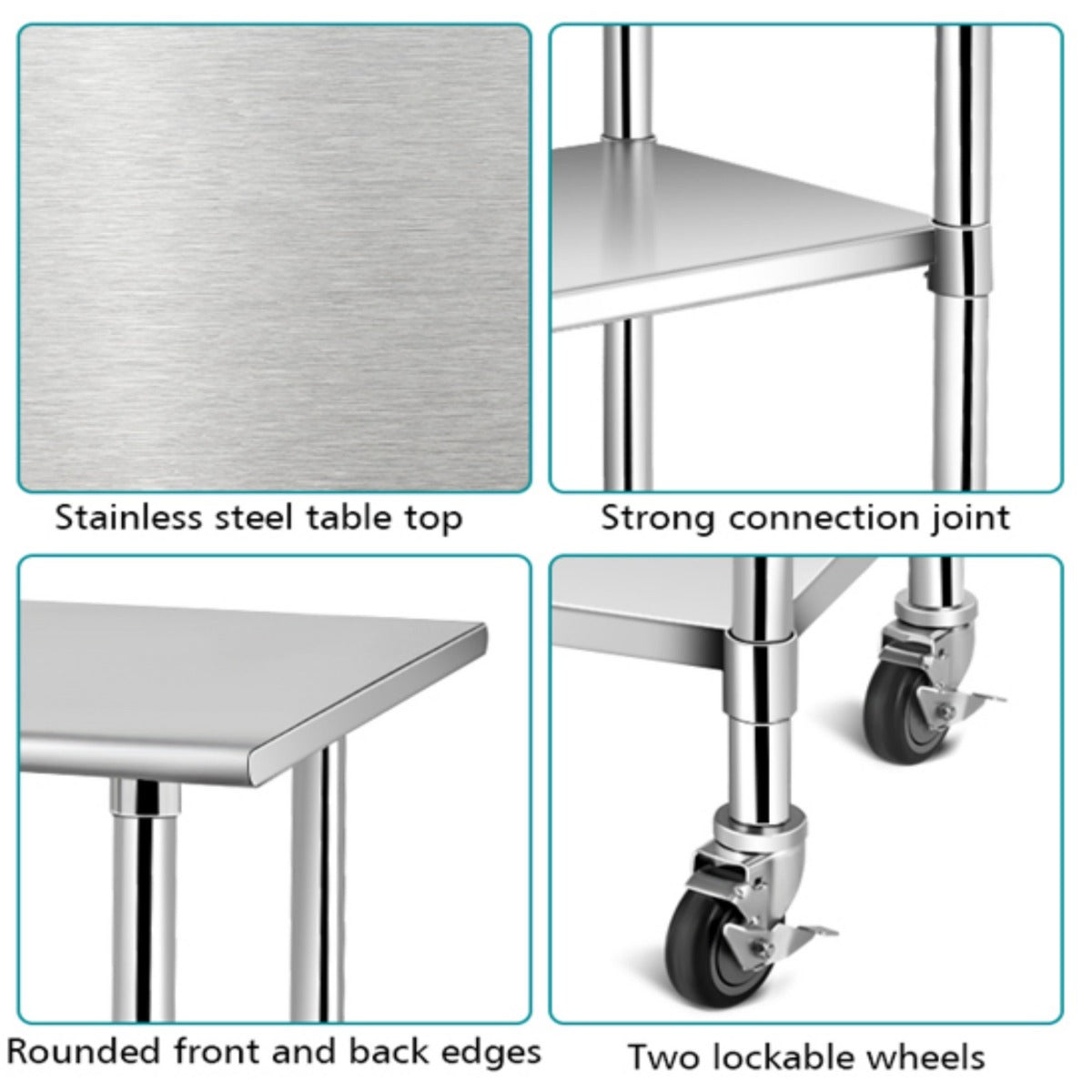 LIVSK Roestvrijstalen Werktafel - Verstelbare Onderplank - Mobiel met Wielen - Commerciële Kwaliteit - 122 x 61 x 90 cm - Zilver