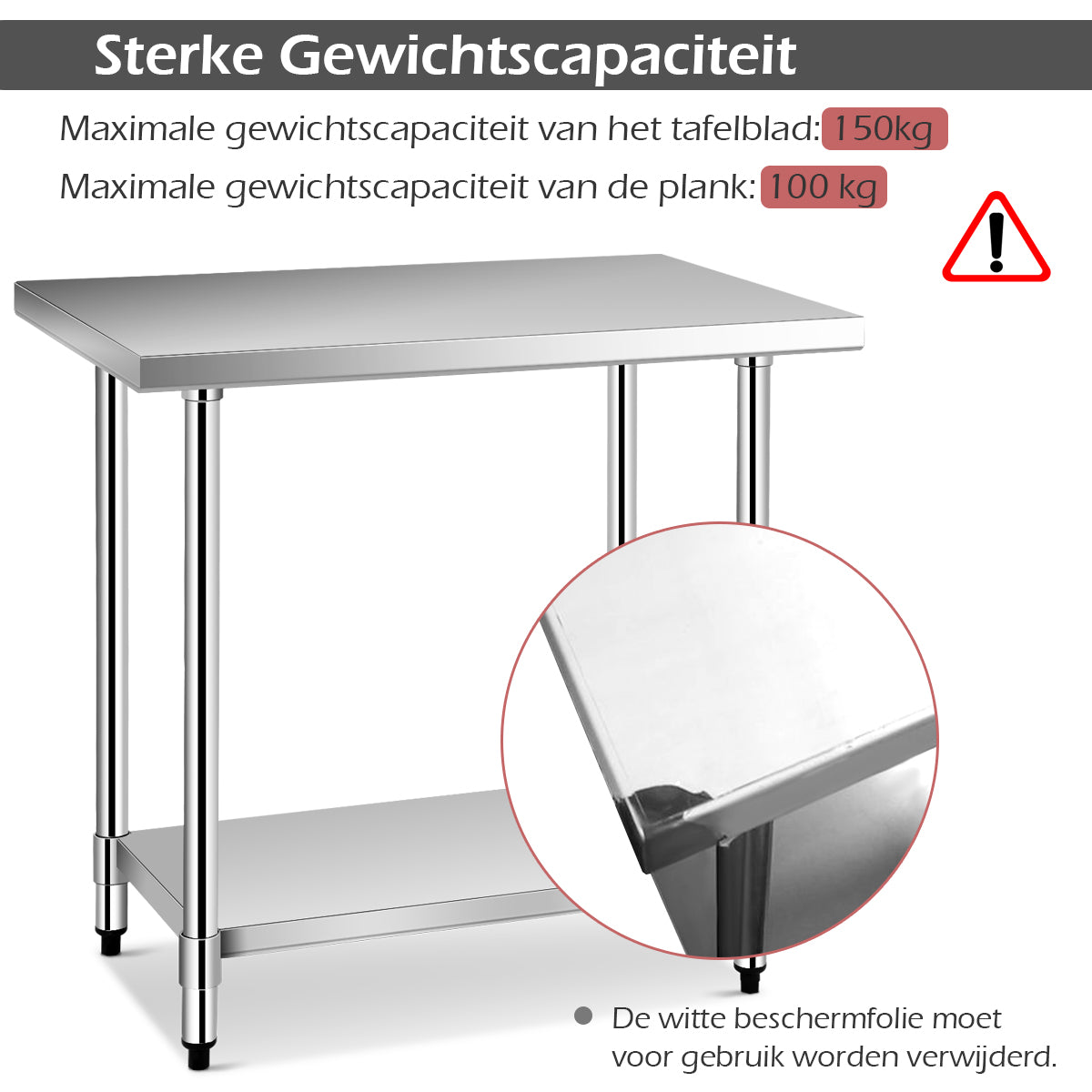 LIVSK Roestvrijstalen Werktafel - 2 Planken - Draagvermogen 250 kg - Hygiënisch en Duurzaam - 91,5 x 61 x 90 cm - Grijs