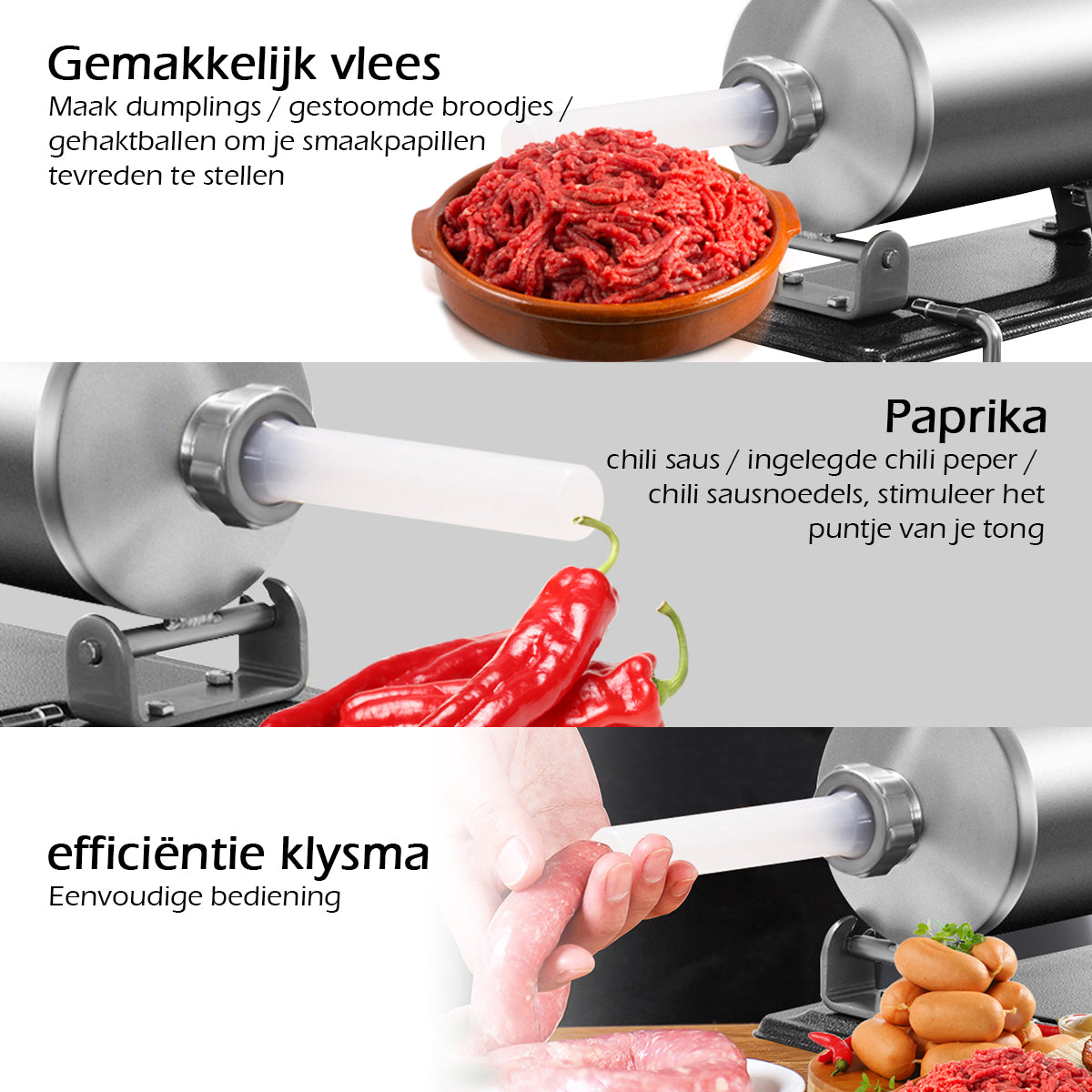 LIVSK Horizontale Worstvuller KC42160 - 4 kg Capaciteit - Inclusief 4 Vulbuizen - Eenvoudig in Gebruik - Duurzaam - Zilver