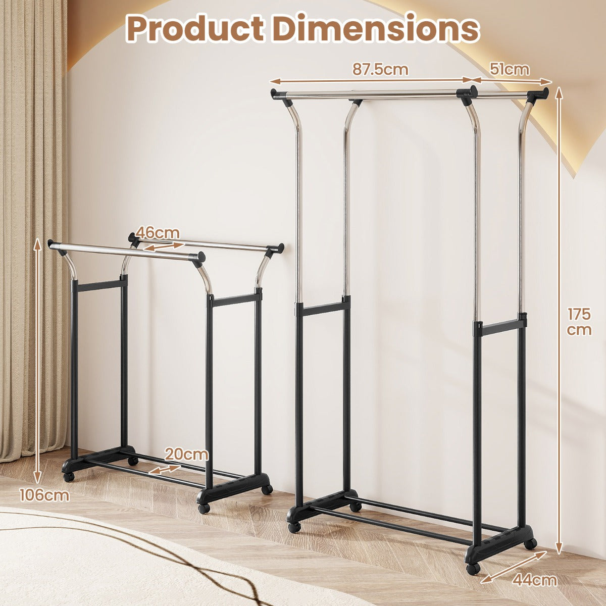 Livsk costway rolbare kledingrek dubbele stang garderobe met verstelbare hoogte 2