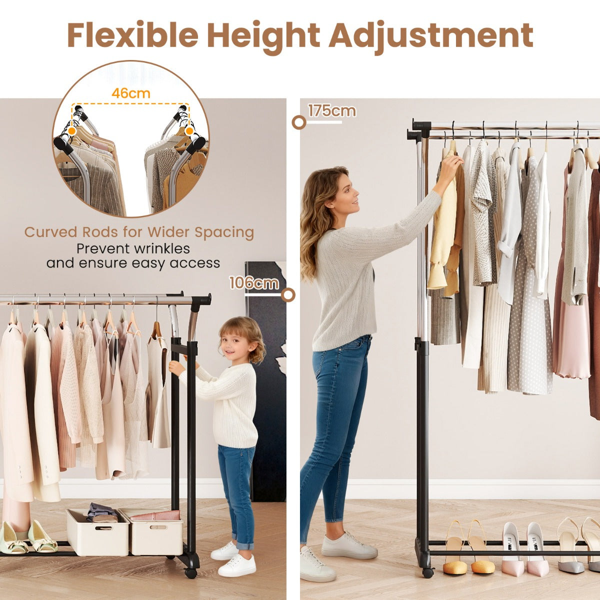 Livsk costway rolbare kledingrek dubbele stang garderobe met verstelbare hoogte 3