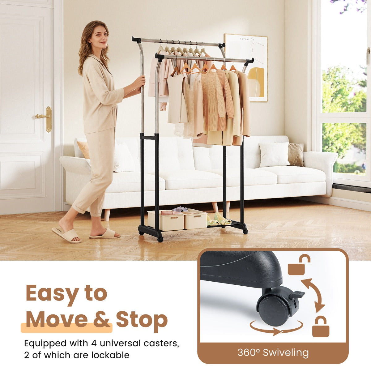 Livsk costway rolbare kledingrek dubbele stang garderobe met verstelbare hoogte 6