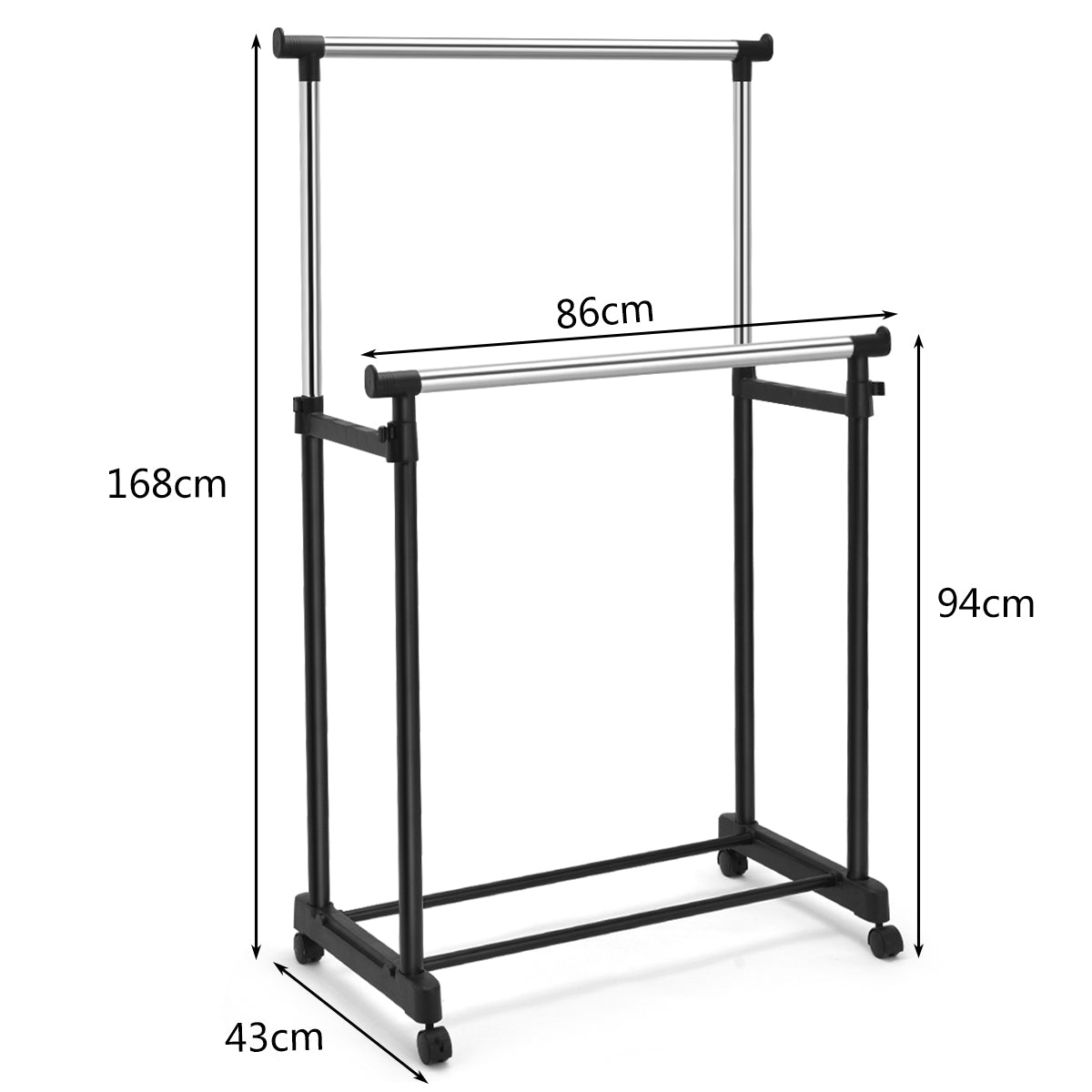 LIVSK Verstelbaar Kledingrek met Dubbele Stangen - Rolbaar met Vergrendelbare Wielen - Tot 20 kg - 86 x 43 x 168 cm - Zwart