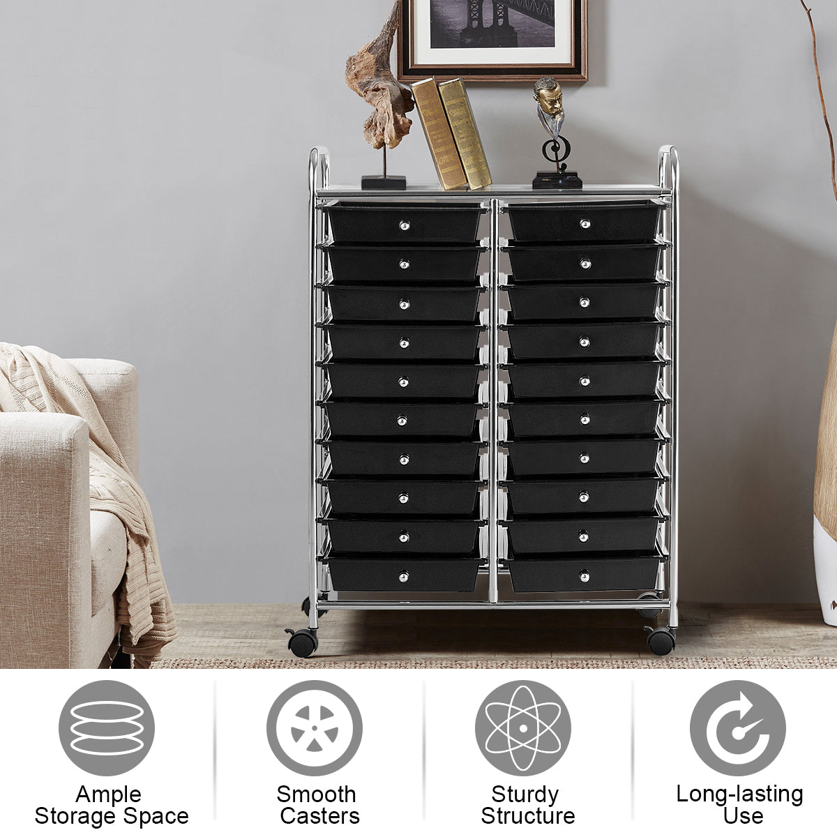 LIVSK Opbergtrolley - 20 Laden - Verrijdbaar met Organizer Bovenblad - Stalen Frame - Tot 10 kg - Zwart