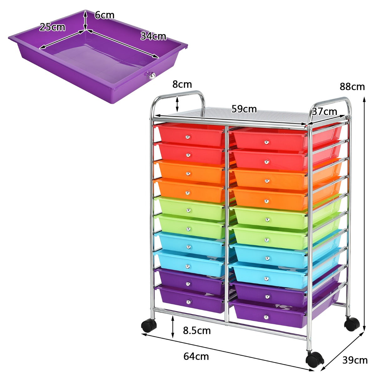 LIVSK Opbergtrolley met 20 Lades - Verrijdbaar met Bovenblad Organizer - Stalen Frame - 64 x 39 x 88 cm - Kleurrijk