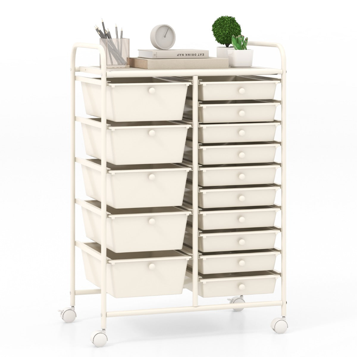 LIVSK Multifunctionele Rolwagen - 15 Uitneembare Lades - Stabiel Metaal - 4 Wielen - 63 x 37 x 87 cm - Roze gemengd / Wit