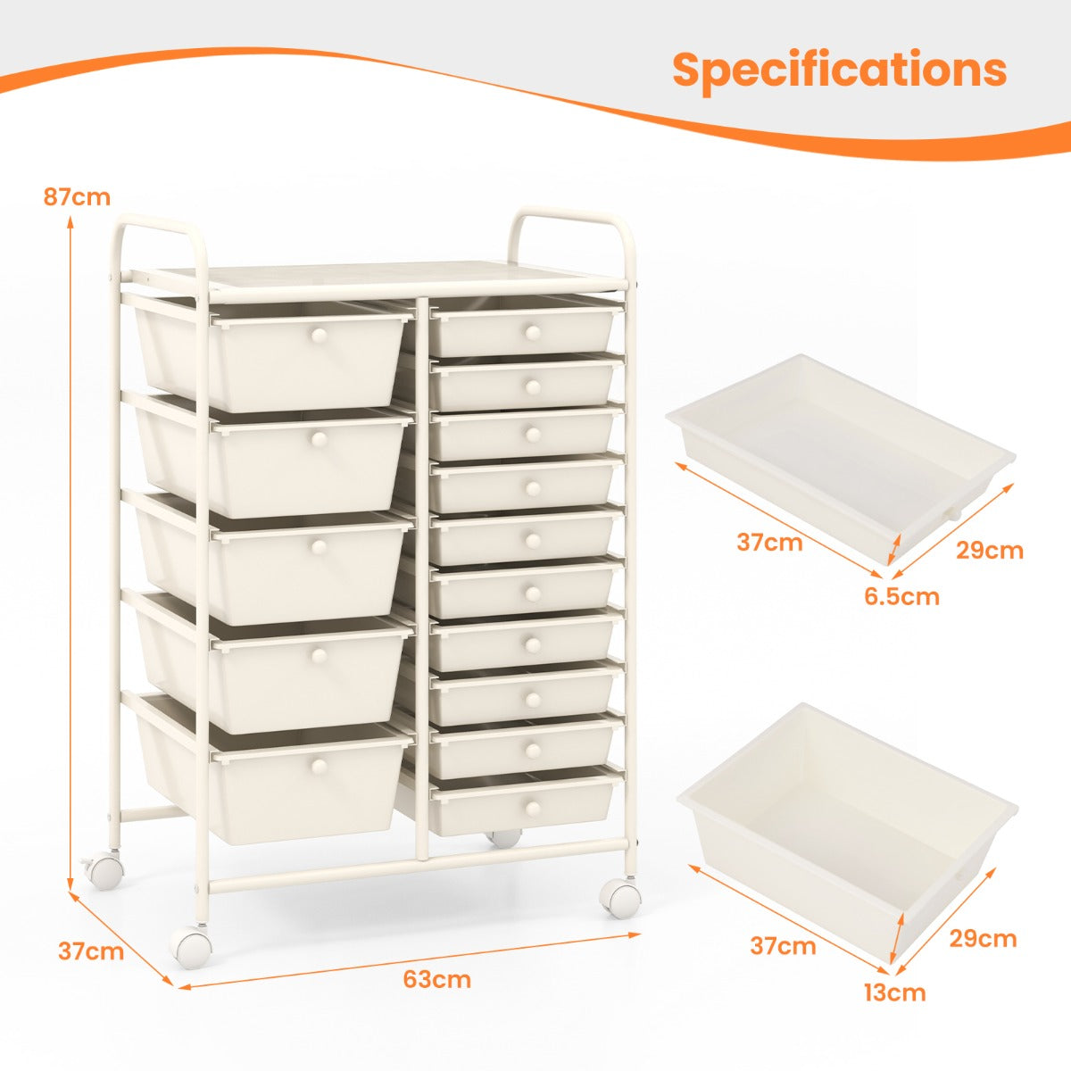 LIVSK Multifunctionele Rolwagen - 15 Uitneembare Lades - Stabiel Metaal - 4 Wielen - 63 x 37 x 87 cm - Roze gemengd / Wit