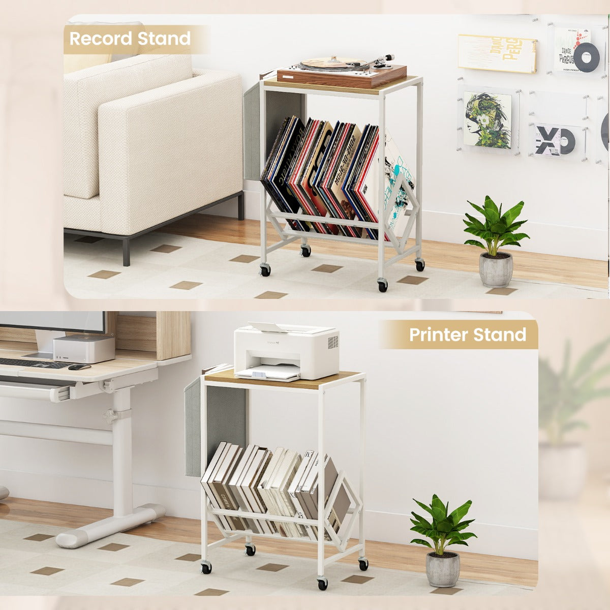 Livsk costway rolbare platenspelerstandaard vinylplatenkast met opbergruimte voor vinylplaten en tijdschriftenhouder naturel 2